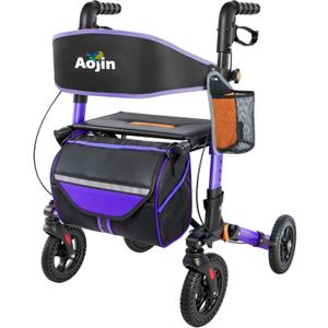 Aojin Rollator Walker for Seniors, Lightweight Foldable All Terrain Rolling Walker with seat, Aluminum Walkers with 8 inch Rubber Wheels (Purple)