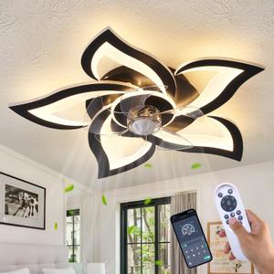 24" Geometric Ceiling Fan with Lights Remote Control, 6 Speeds 3 Colors Black Low Profile Ceiling Fan with Light for Kitchen Bedroom Living Room, Small Large