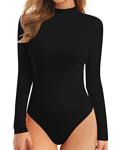 MANGOPOP Mock Turtle Neck Double Lined Long Sleeve Body Suits for Women Basic Body Suit Going Out Tops, Black, S