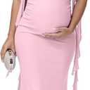 Women's Maternity Draped Neck Ruffle Baby Shower Dress for Photoshoot Party Bodycon Long Dress (Pink, L)