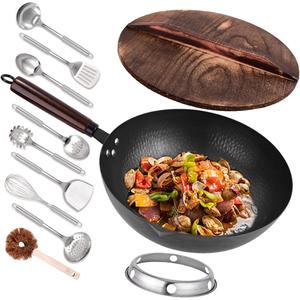 12.8" Carbon Steel Wok-11Pcs Woks & Stir Fry Pans Wok Pan with Lid, No Chemical Coated Chinese Wok with 10 Cookware Accessories, Flat Bottom Wok for Electric, Induction,Gas Stoves
