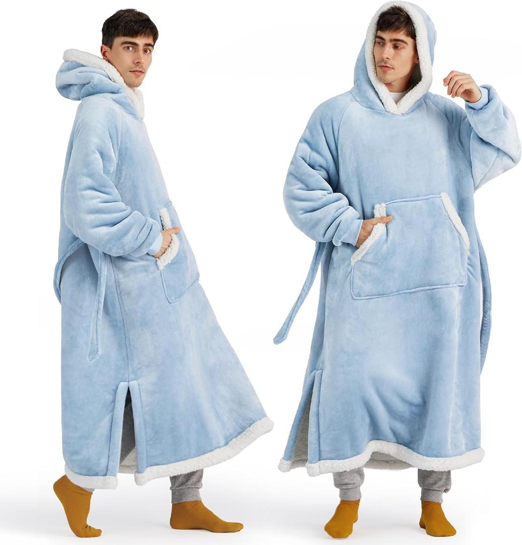 Bedsure Wearable Blanket Hoodie, Long Hooded Blanket Sweatshirt as Christmas Birthday Gifts for Men, Cozy Sherpa Hoodie for Adult, Oversize, Sky Blue