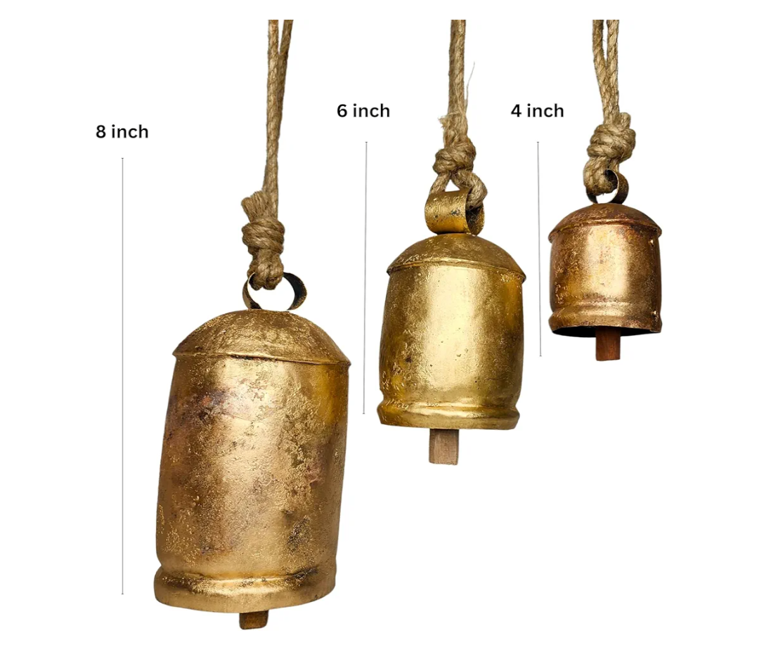 BELLUXE Set of 3 Giant Harmony Cow Bells Huge Vintage Handmade Rustic Lucky Christmas Hanging XL Bells On Rope, Country Rustic, Set 3