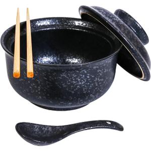 Ceramic Ramen Bowl Set, 800ml, with Lid, Spoon and Chopsticks, Japanese Vintage Large Soup Bowls Instant Noodle Bowl Asian Tableware (Black*1)