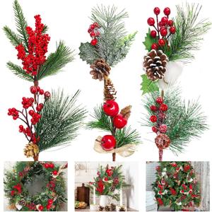 Artificial Christmas Picks 6PCS Assorted Red Berry Picks Stem Faux Cedar Holly Pine Needles Branches Artificial Pine Picks with Pinecones Holly Leaves for Xmas Winter Holiday DIY Craft Wreath