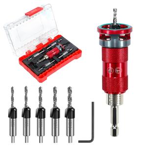 Quick-Adjust Countersink Drill Bit Set with Aluminum Stop Collar, 5 Replaceable HSS M2 Bits and a Wrench, 1/4" Hex Shank Counter Sink Drill Bit for Wood