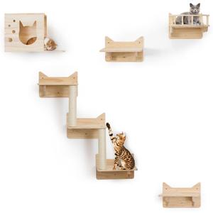 9-Piece Wall-Mounted Cat Shelves Set, House, Lookout Tower, 2 Sisal Scratching Posts, 5-Step Cat Wall Ladder, Pine Furniture, Extra-Wide & Long for Large Cats, Space-Saving Indoor Shelves