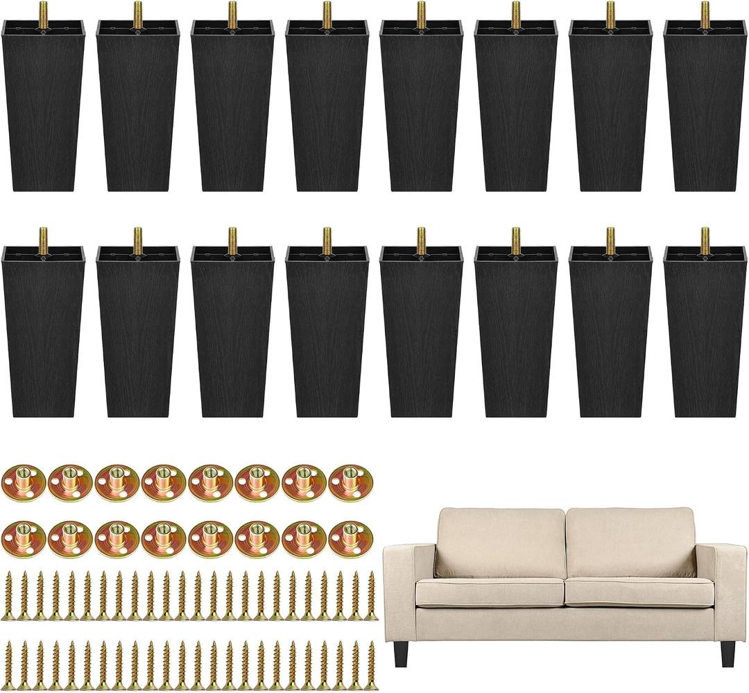 TURSTIN 16 Pack 5.7 Inch Furniture Legs Plastic Sofa Couch Legs Square Tapered Feet Sofa Legs with M8 T-Nuts Screws for Legs Sofas Chairs Cabinets Dressers Beds, Black