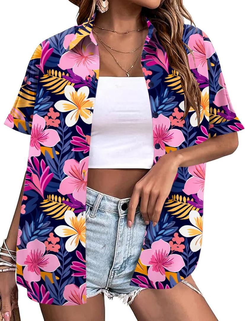 LOMON Women's Summer Hawaiian Shirts Floral Short Sleeve Button Down Shirts Hawaii Tropical Beach Tops Outfits (S)