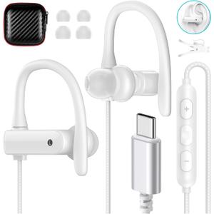 USB C Headphones Over Ear Hooks for iPhone 17 Air 16 15 Pro Max Plus, Wrap Around Ear Buds with Loops Mic Type C Earphone Running Sport Wired Earbud for Samsung S26 S25 S24 Ultra S23/Pixel 10, White