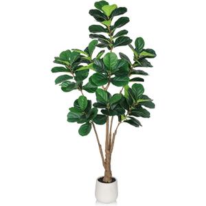 Artificial Fiddle Leaf Fig Tree with White Planter and Black Pebble, 6 FT Faux Ficus Lyrata with Thick Trunk and Emerald Leaves, Fake Ficus Tree for Hotel, Shop, Modern Home Indoor Decoration