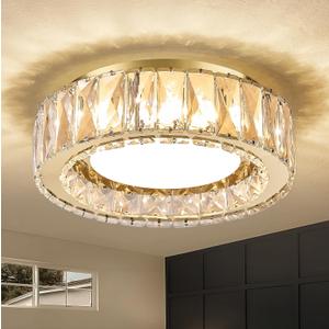 Dimmable Modern Luxury Crystal LED Flush Mount Ceiling Light,11 Inch 24W/5CCT 3000K-6000K Gold Close to Ceiling Light Fixture r for Kitchen,Entryway,Laundry Room,Porch