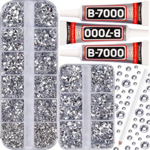 B7000 Glue with 7500Pcs Silver Clear Rhinestones For Crafts Clothes Clothing Fabric, Shiny Flatback Crystals Gems for Crafting Shoes Shirt, Flat Back Diamonds Set Badazzle Kit Jewels 2-5mm 4 Sizes Mix (Small Pack + 3pcs Glue)