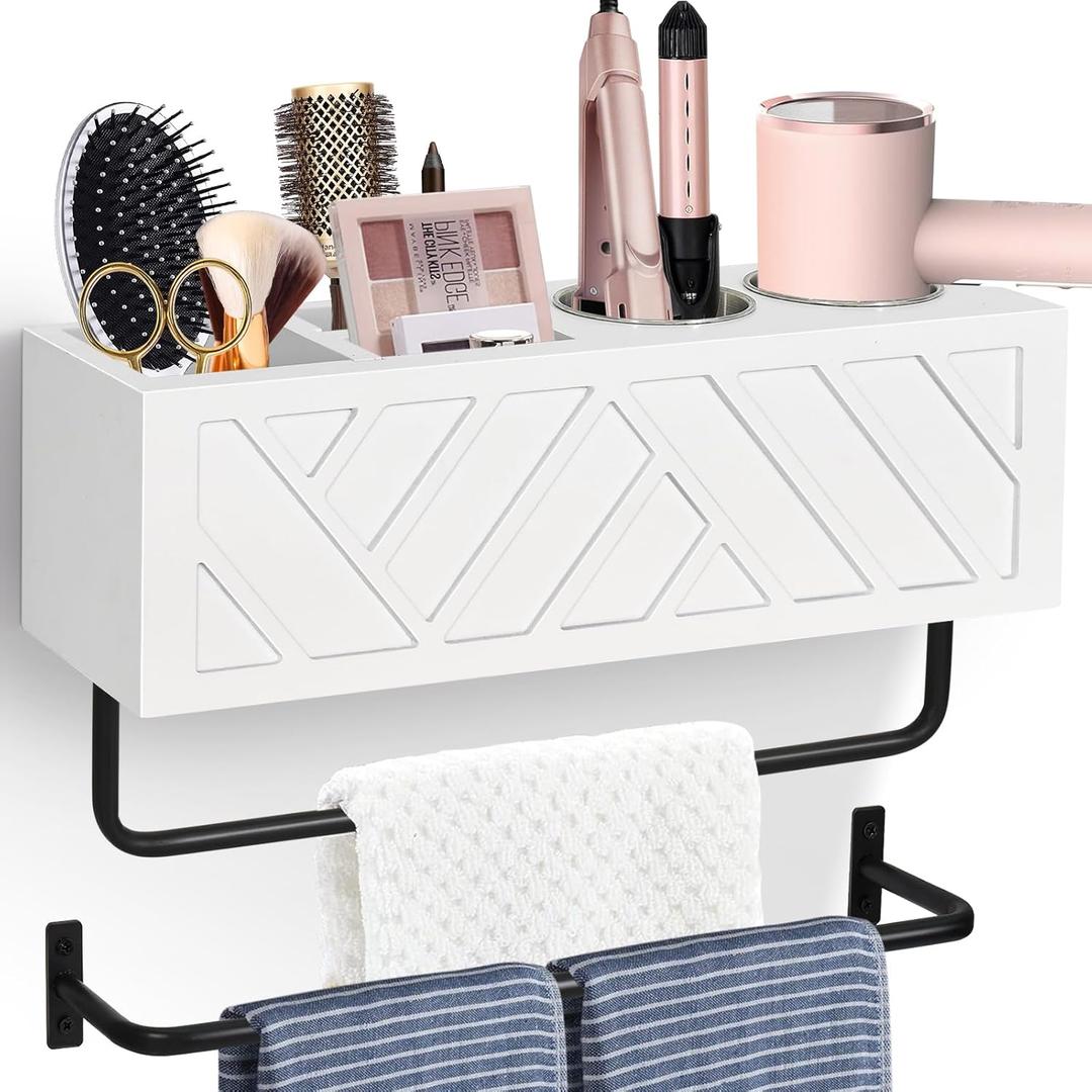 Hair Tool Organizer Wall Mount, Hair Dryer Holder with 2 Towel Bars, Wood Hot Tools Organizer, Rustic Bathroom Organizer Blow Dryer Holder for Bathroom Decor, Flat Iron, Curling Wand, Brushes(White) Hair Tool Organizer Wall Mount, Hair Dryer Holder with 2 Towel Bars, Wood Hot Tools Organizer, Rustic Bathroom Organizer Blow Dryer Holder for Bathroom Decor, Flat Iron, Curling Wand, Brushes(White)