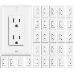 BESTTEN 30 Pack 15 Amp Outlets, Standard Electrical Wall Outlet, Decorator Receptacle Outlet for Residential and Commercial Use, Non-Tamper-Resistant, 125V/1875W, Wall Plate Included, UL Listed, White