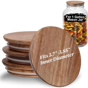 4 PCS 1 Gallon Mason Jar Lids Wooden Fits 3.7 Inch Inner Dia Replacement Mason Jar Lids Ball Glass Jar Lids Wooden Lid with Silicone Seal Canning Jars Lids Only for 1 Gallon Jars(4, Natural Acacia)