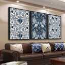 Large Framed Canvas Wall Art - Navy Blue Pictures William Morris Style for Living Room Bird Flower Prints Boho Wall Decor for Bedroom Dining Room Black Float Frame 16" X 24" X 3 Pieces