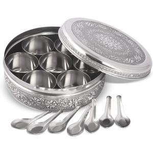 KSJONE Designer Spice Container Masala Dabba, 7 Spice Jars, Holds 7 Spices, Spice Container Box, Polished Stainless Steel with 7 Serving Spoons, Indian Masala Dabba with Lid, 8 Inch
