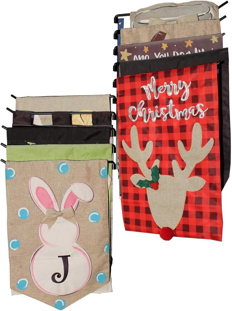 Garden Flag Organizer & Wall Mounted Display Rack  Aluminum Flag Holder for Outdoor Seasonal Flags, Holds 10 Flags, Rust-Proof, Space-Saving Storage