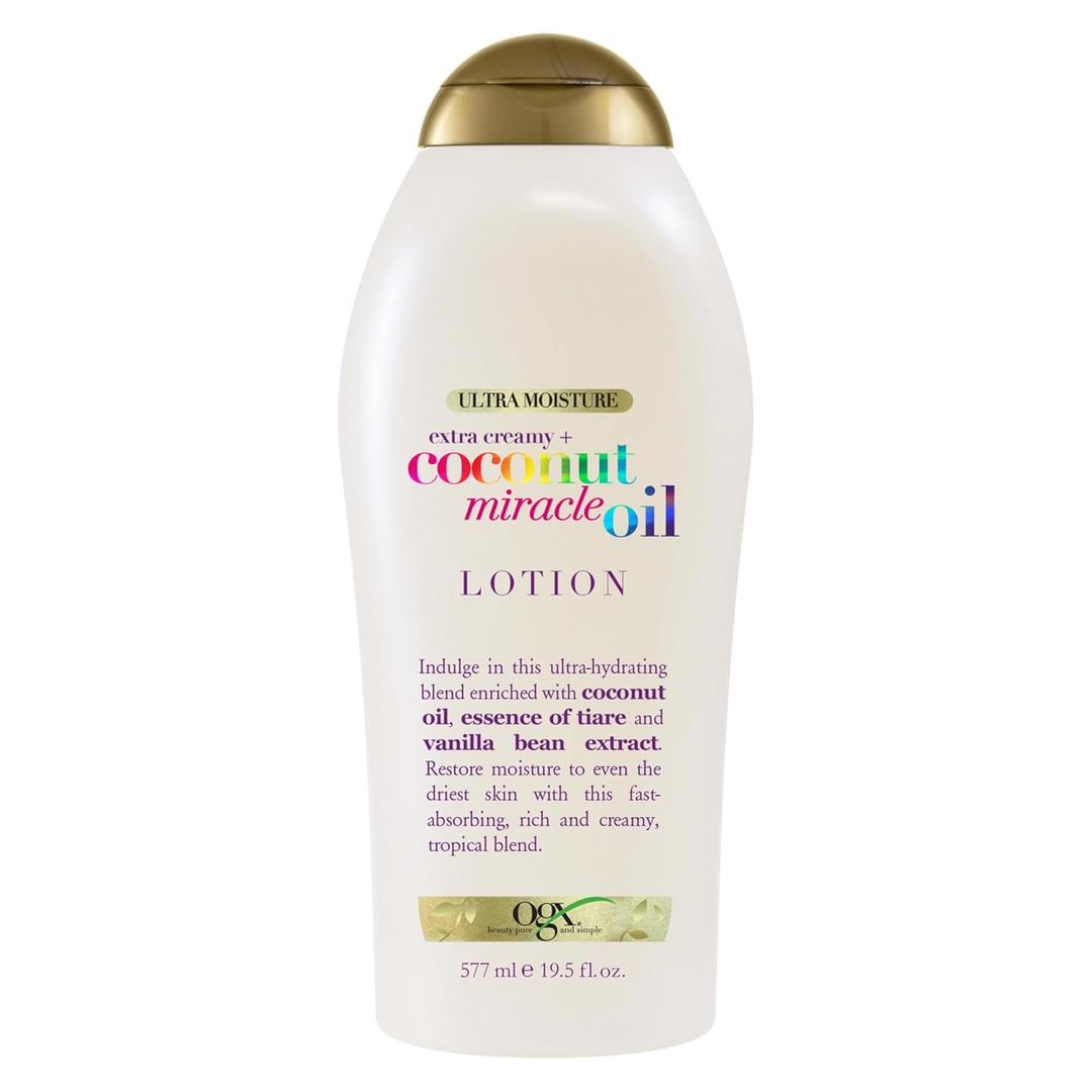 OGX Extra Creamy + Coconut Miracle Oil Ultra Moisture Body Lotion with Vanilla Bean, Fast-Absorbing Body Lotion for All Skin Types, Paraben-Free and Sulfated-Surfactants Free, 19.5 Ounce