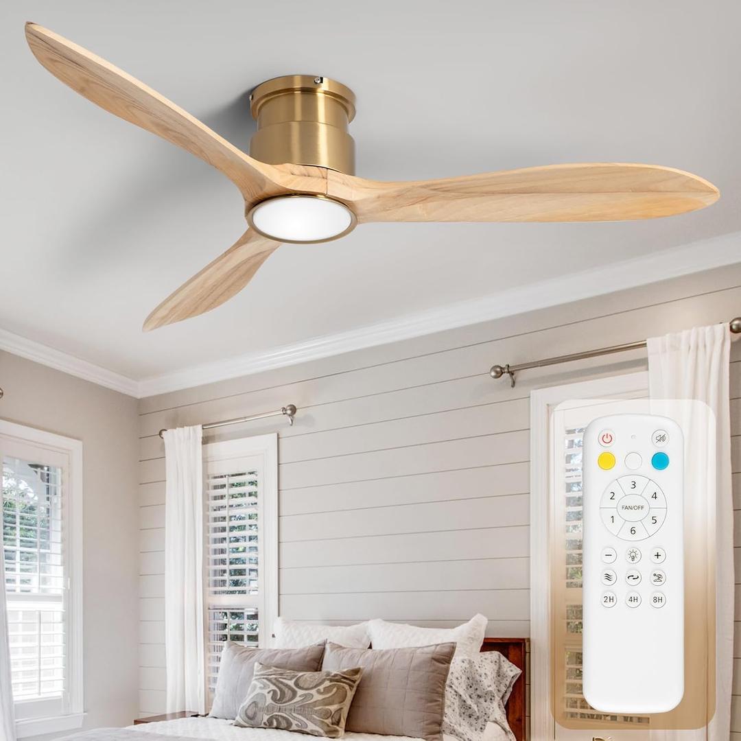 52inch Ceiling Fan with Lights,Wood Low Profile Ceiling Fans with Remote Control,Dimmable Light,3 CCT,6 Speeds,Noiseless DC Motor,Ceiling Fan for Bedroom,Living Room,Office,Indoor,Natural Wood Grain (flush+Natural Wood+Gold Body)