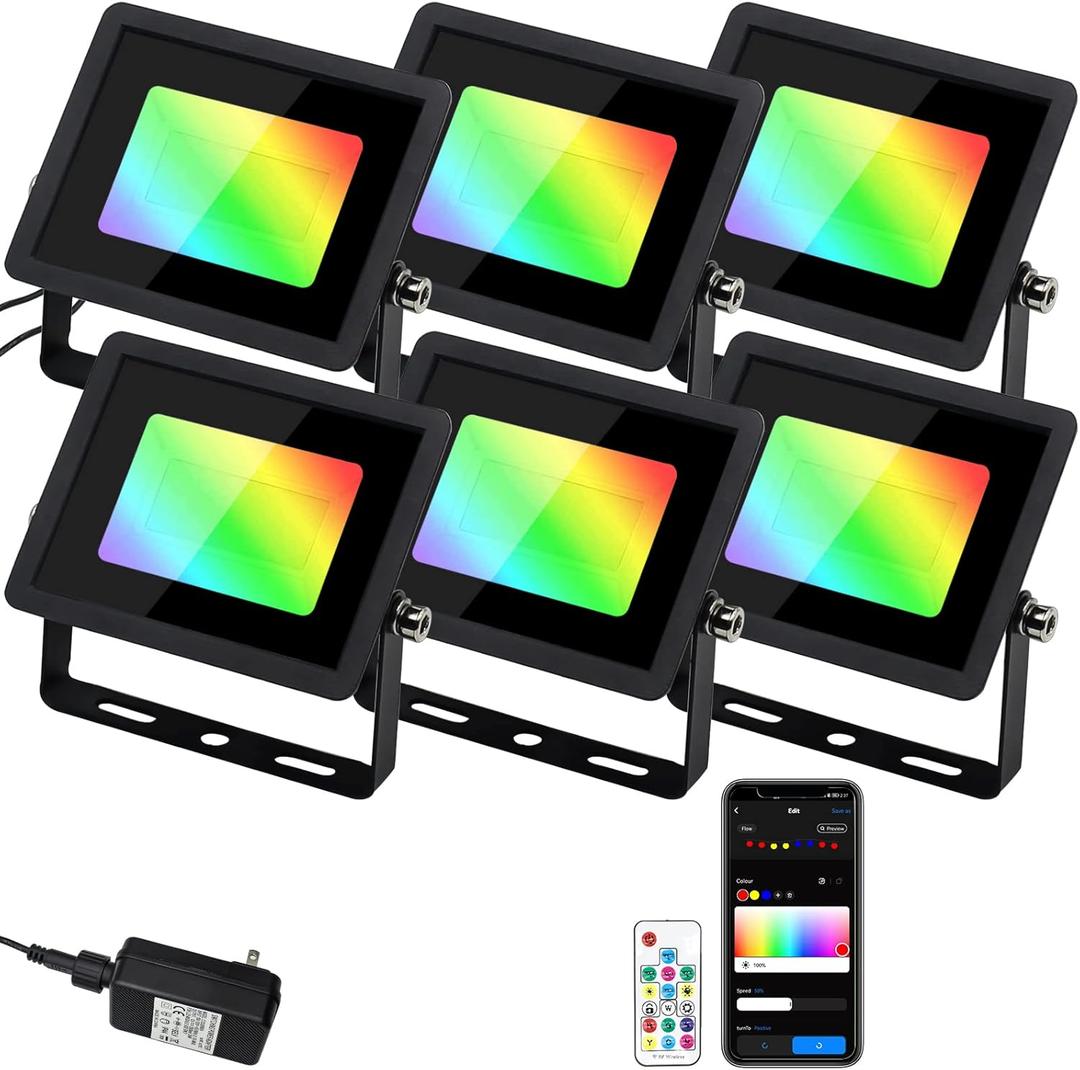 LED Flood Lights Outdoor, Smart RGB Color Changing Landscape Lights with Multi Scene Modes & Music Modes, IP66 Uplighting with APP & Voice Control for Patio Garden Yard Stage, 6 Pack