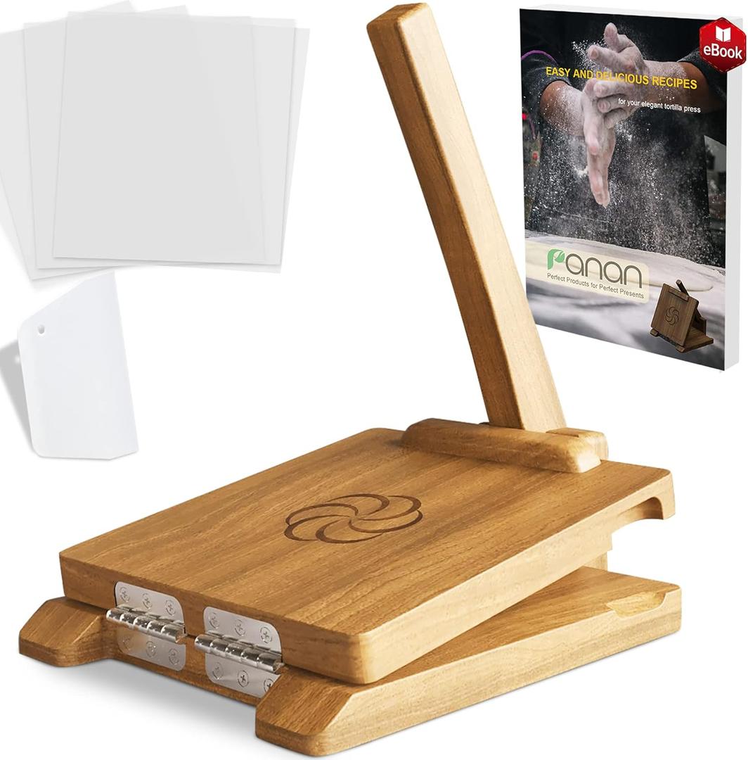 Wooden Tortilla Press Mexican Tortillera Presser Made from Natural Food-Grade Acacia Wood - Large Wood Pataconera with 50 Pieces Parchment Paper, Dough Cutter and Recipes eBook (Square 10")