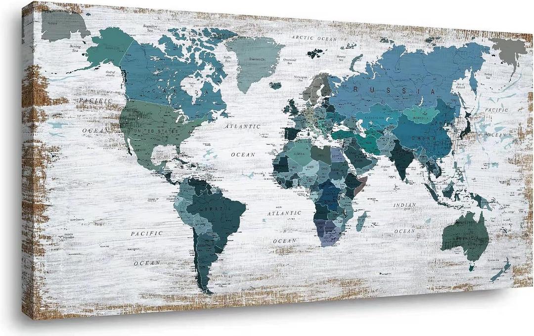 Teal Decor World Map Canvas Wall Art Pictures for Living Room Decoration Blue Wall Decor Office World Map Art Map of the world Picture Framed Artwork for Home Bedroom Decoration 20"x40"