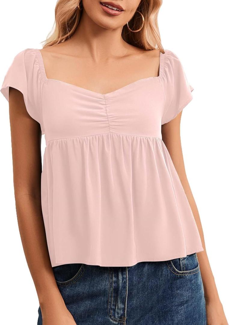 Womens Flowy Babydoll Tank Tops Ruffle Short Sleeve Tank Top Sweetheart Neck Peplum Smocked Back Going Out Top 2026 (Pink, S)