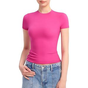 PUMIEY Women's Crew Neck Short Sleeve Tops Double Lined Slim Fit T Shirts Basic Tee Smoke Cloud Pro Collection, XS, Pink