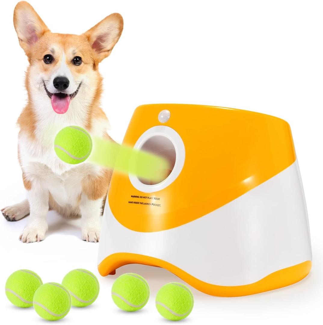 SOCO Automatic Ball Launcher for Dogs, USB Rechargeable with 3 Distances (10/20/30 ft), Safety LED Indicator, Include 6 Tennis Balls, Indoor/Outdoor Fetch Toy for Small/Medium Dogs