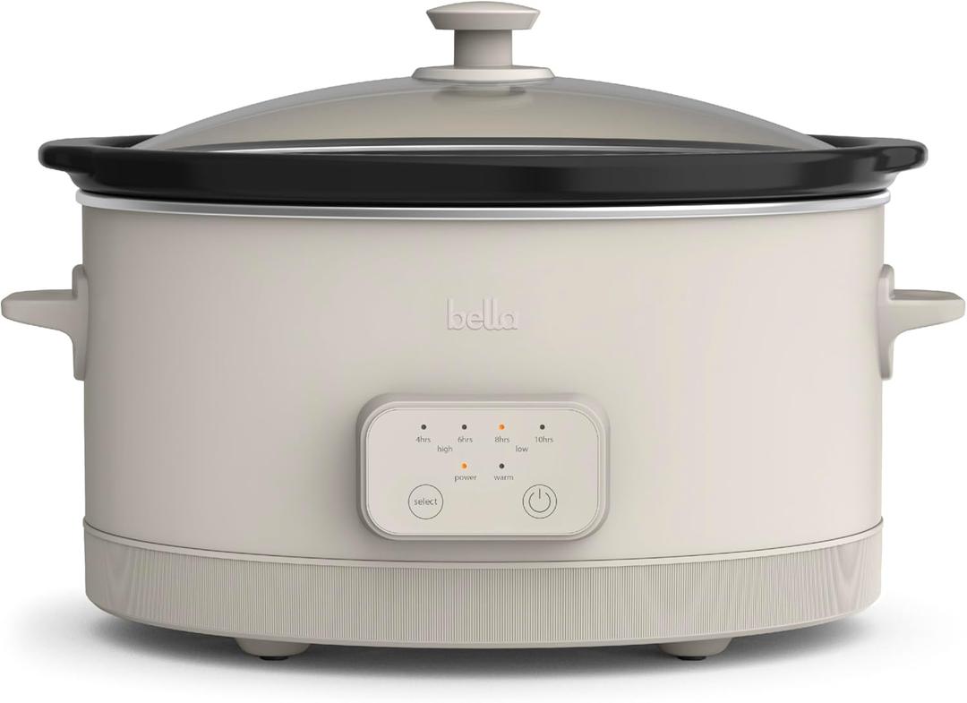 bella 6.0 Qt Programmable Slow Cooker, EverGood Ceramic Nonstick Coating, Adjustable Temperature & Cooking Times, Dishwasher Safe Stoneware Pot & Tempered Glass Lid, Tangle Free Cord Wrap, Oatmilk