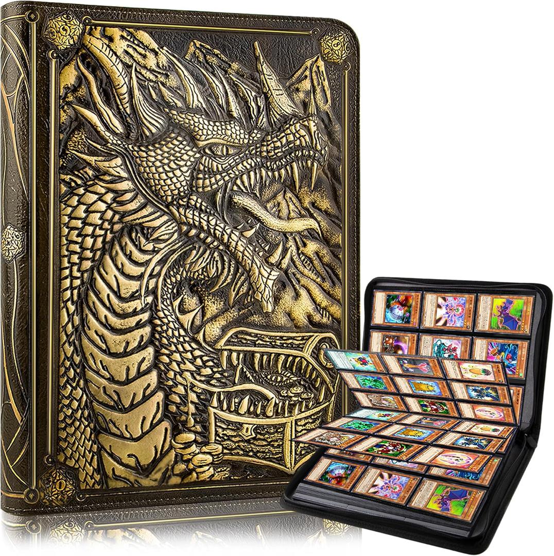 9 Pocket Card Binder, Premium Zip Trading Card Binder, 360 Double Sided Pocket PU Collection Binder, Dragon Design Collector Album, Card Folder for MTG, TCG, Sports Cards (cyan copper)