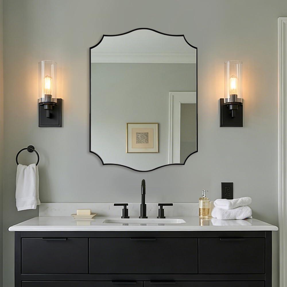 MIRRORART Scalloped Black Bathroom Mirror, 22x30 Bathroom Vanity Mirrors for Wall, Rectangle Mirror Wavy Curved Edges in 1 Stainless Steel Metal Frame Wall-Mount Vertical/Horizontal for Home Decor