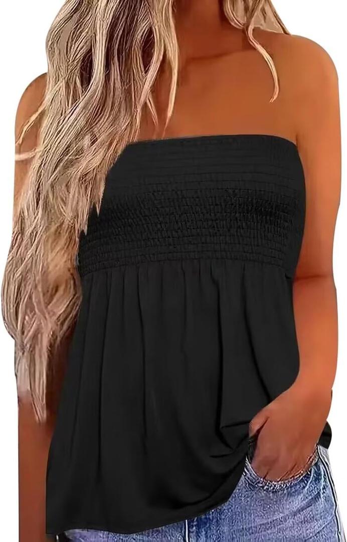 Patchwork Print Tube Tops Women Elastic Trim Strapless Vintage Blouse Multicolour Off The Shoulder Tee (Medium, Black)