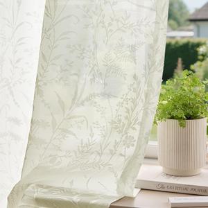 Anmao Cream Semi Sheer Light Filtering Curtains 84 Inches Long 2 Panels, Leaf Pattern Drapes for Living Room Bedroom, Rod Pocket Sheer Window Treatments with Floral Design, 52x84 Inch, Ivory