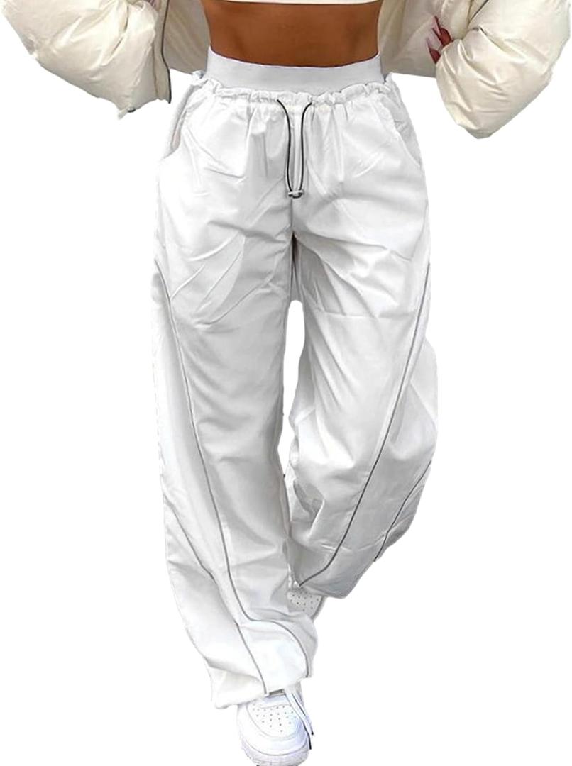 Zontroldy Cargo Pants Women Parachute Pants Y2K Baggy Casual High Waist Wide Leg Track Pants Streetwear (Medium, White)