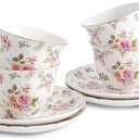 Agyiuns tea cups and saucers ceramic coffee mug 6oz for Coffee, Latte, Cafe Mocha and Tea-Set of 4, white with flowers