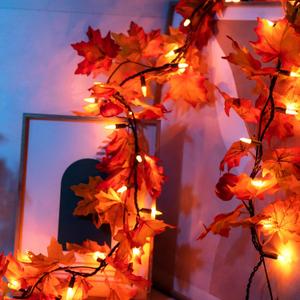 GAGALIFE Thanksgiving Decorations Fall Garland with Lights, 50 Warm Bulbs with Mini Pumpkins - 11FT Connectable Fall Lights Outdoor & Indoor, Realistic Maple Leaf String Lights for Fall Decor (Orange)