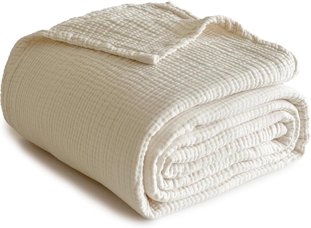 Simple&Opulence 100% Cotton Muslin Blanket Twin Size, Lightweight Breathable 4 Layering Gauze Blanket for Bed Couch Camping, Soft Bedspread Coverlet All-Season Use (Off White, 68"x86")