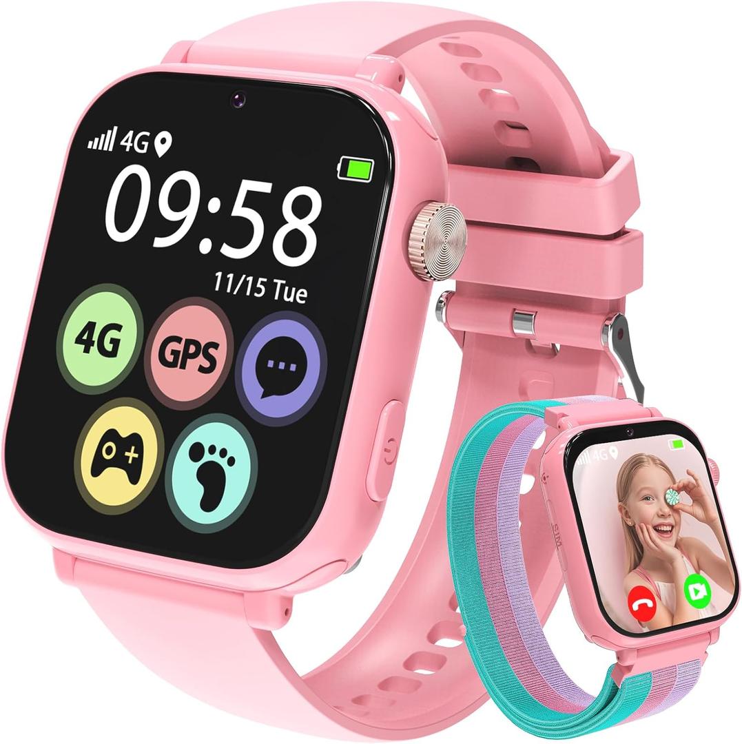 AXYWINBO Kids Smart Watch for Girls Boys 4g GPS Call Text-Smart Watch for Kids Game Camera Pedometer Alarm Clock Calculator-Kid Watches for Girls Boys 4-12 Ages Gifts Pink