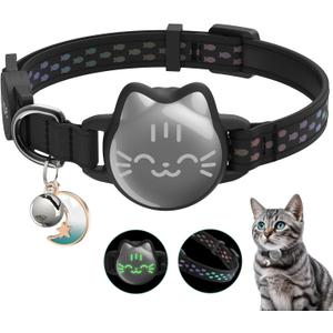 Waterproof Airtag Cat Collar with Luminous & Reflective Fish Pattern, Lightweight Kitten Collar for Apple AirTag, Hidden GPS Tracker Holder for Cats, Kittens (9-13") (Small(9-13inch), Classic Black)