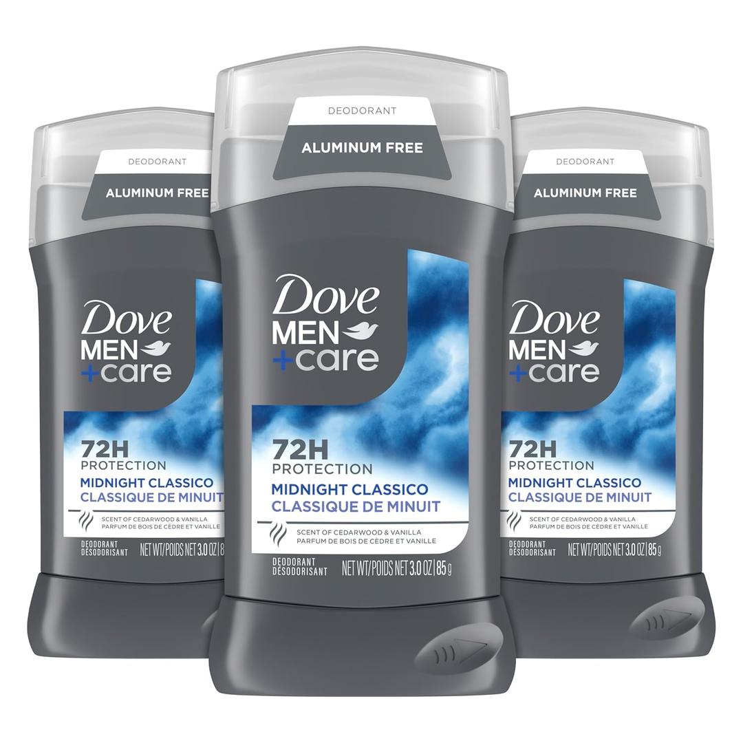 DOVE MEN + CARE Deodorant Stick for Men 3 Count Midnight Classico Aluminum Free 72-Hour Odor Protection Mens Deodorant with Essential Oils & 1/4 Moisturizing Cream 3 oz
