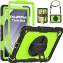 SEYMAC Case for Samsung Galaxy Tab A9+/ A9 Plus Case 11" (SM-X210/X216/X218), Heavy Duty Shockproof Protective Case with Screen Protector, Rotating Stand, Hand/Shoulder Strap, Green
