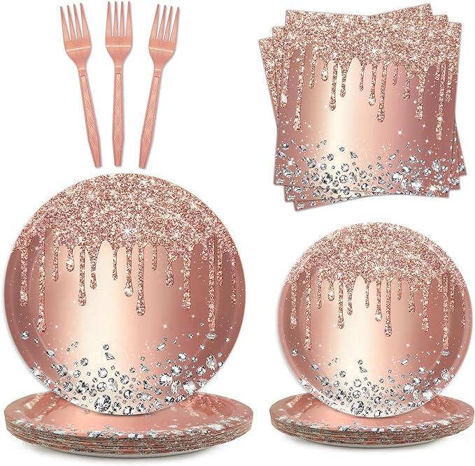 Rose Gold Party Plates and Napkins Set  Pink Birthday Decorations, Diamond Theme Supplies  Serves 24 Guests