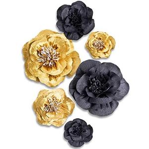 Letjolt Paper Flowers Decorations for Wall 1920s Party Decor Artificial 3D Flowers Backdrop Golden Wedding Garlands Baby Shower Bridal Shower (Golden Black Set 6)