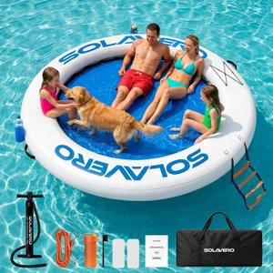 SOLAVERO 10x6ft Inflatable Floating Dock and 8FT Water Hammock Pool Lounge, 8FT Round