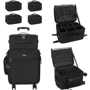 Relavel Rolling Makeup Case Professional Makeup Train Case, Makeup Artist Travel Bag with Wheels, 3-in-1 Portable Travel Beauty Trolley Case for Cosmetology Storage (Black)