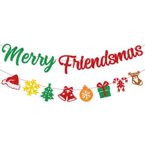 PTFNY Merry Friendsmas Banner Christmas Banner with Glittery Snowflake Hat Stockings Signs Friendsmas Decor Friends Themed Christmas Party Decorations for Wall Fireplace Party Decor Supplies