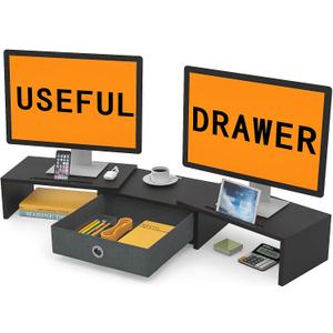 WESTREE Dual Monitor Stand Riser with Drawer, Adjustable Length and Angle Monitor 2 Solts for Phone & Tablet, Desktop Organizer Stand for Computer/Laptop/PC/Printer (Black)